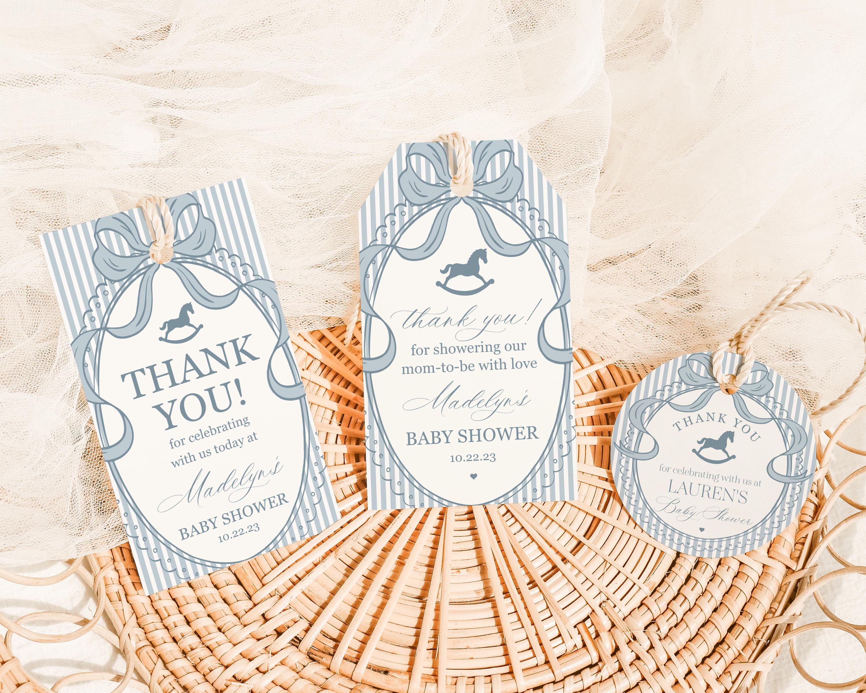 Blue Coquette Bow Rocking Horse Baby Shower Favor Tags Template, Striped Preppy Baby Sprinkle, Heirloom Inspired Brunch with Mom WP1095