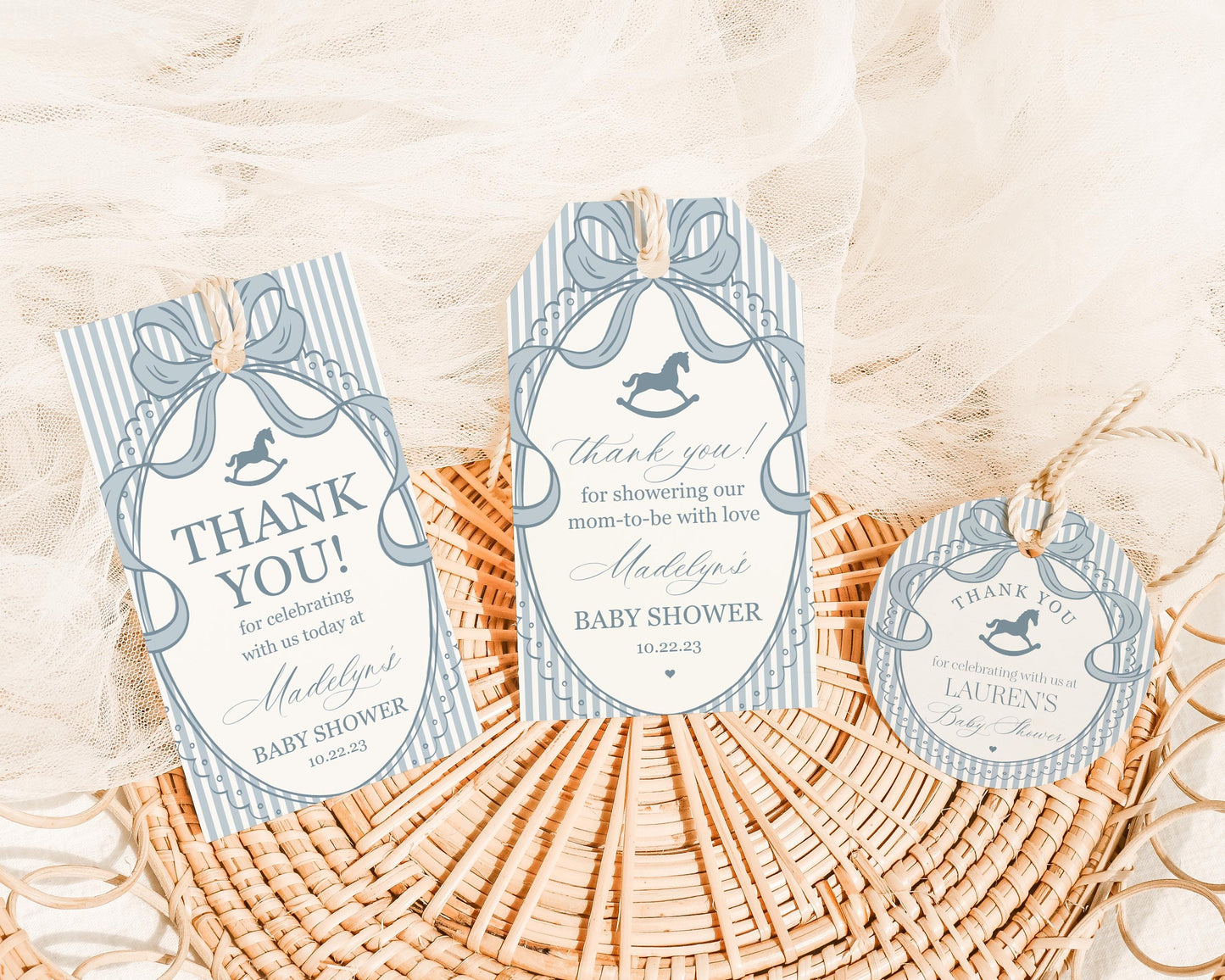 Blue Coquette Bow Rocking Horse Baby Shower Favor Tags Template, Striped Preppy Baby Sprinkle, Heirloom Inspired Brunch with Mom WP1095