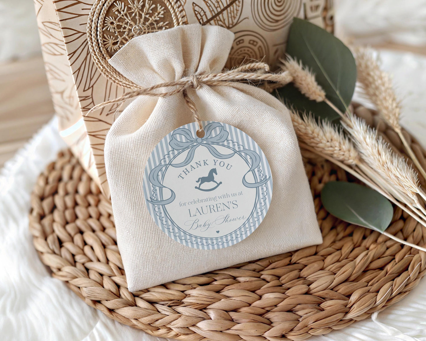 Blue Coquette Bow Rocking Horse Baby Shower Favor Tags Template, Striped Preppy Baby Sprinkle, Heirloom Inspired Brunch with Mom WP1095
