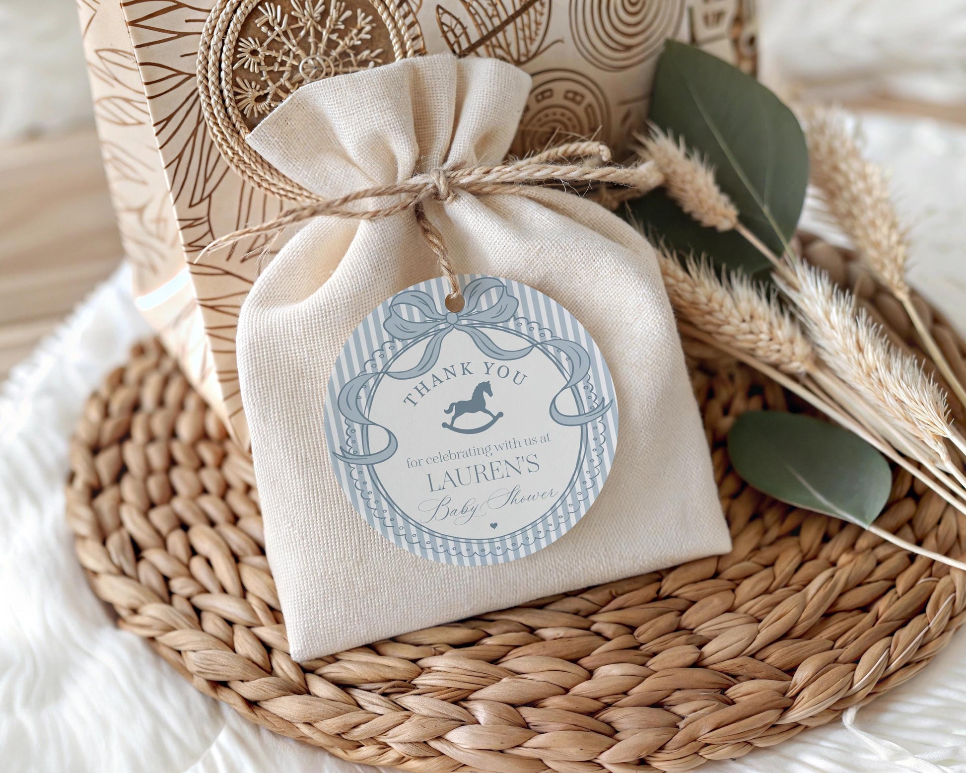 Blue Coquette Bow Rocking Horse Baby Shower Favor Tags Template, Striped Preppy Baby Sprinkle, Heirloom Inspired Brunch with Mom WP1095