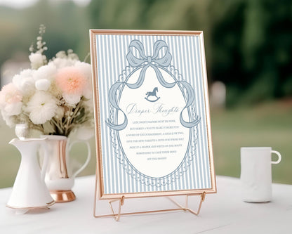 Blue Coquette Bow Rocking Horse Baby Shower Diaper Thoughts Sign Template, Striped Preppy Baby Sprinkle WP1095
