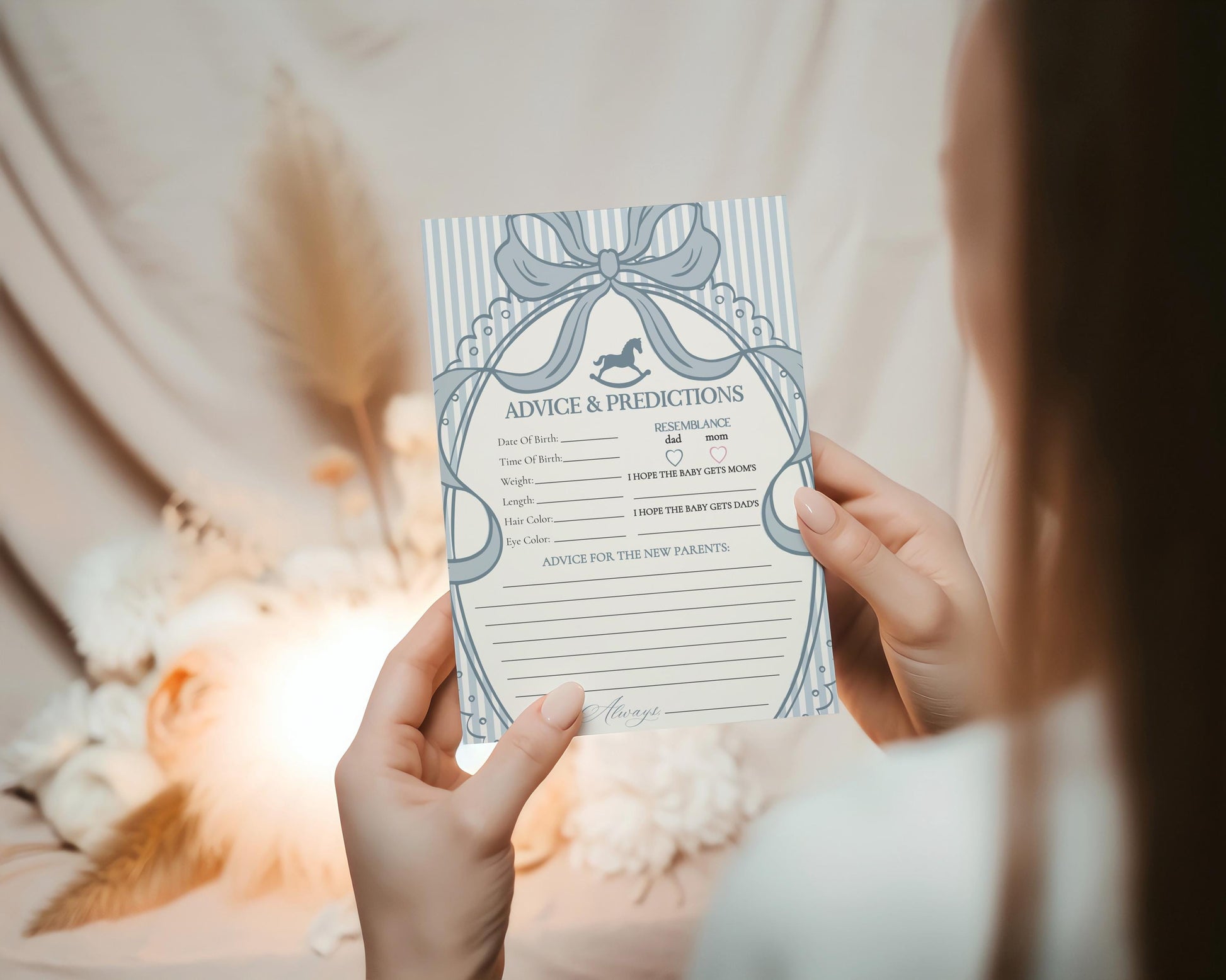 Blue Coquette Bow Rocking Horse Advice for Baby Cards Template, Striped Preppy Baby Sprinkle, Heirloom Inspired Brunch with Mom to Be WP1095