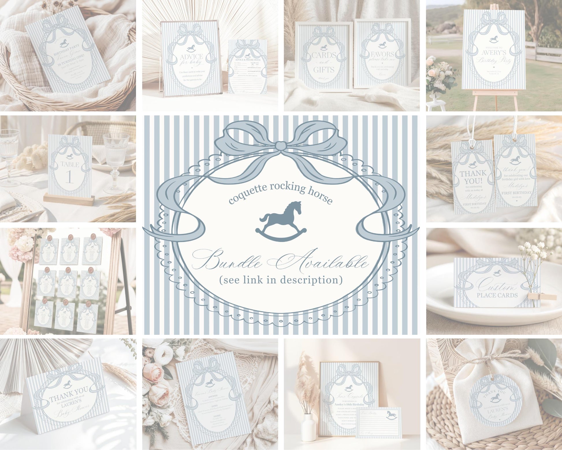 Blue Coquette Bow Rocking Horse Time Capsule Template, Preppy Striped First Birthday Party, Heirloom Inspired Timeless Bday WP1095
