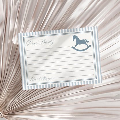 Blue Coquette Bow Rocking Horse Time Capsule Template, Preppy Striped First Birthday Party, Heirloom Inspired Timeless Bday WP1095