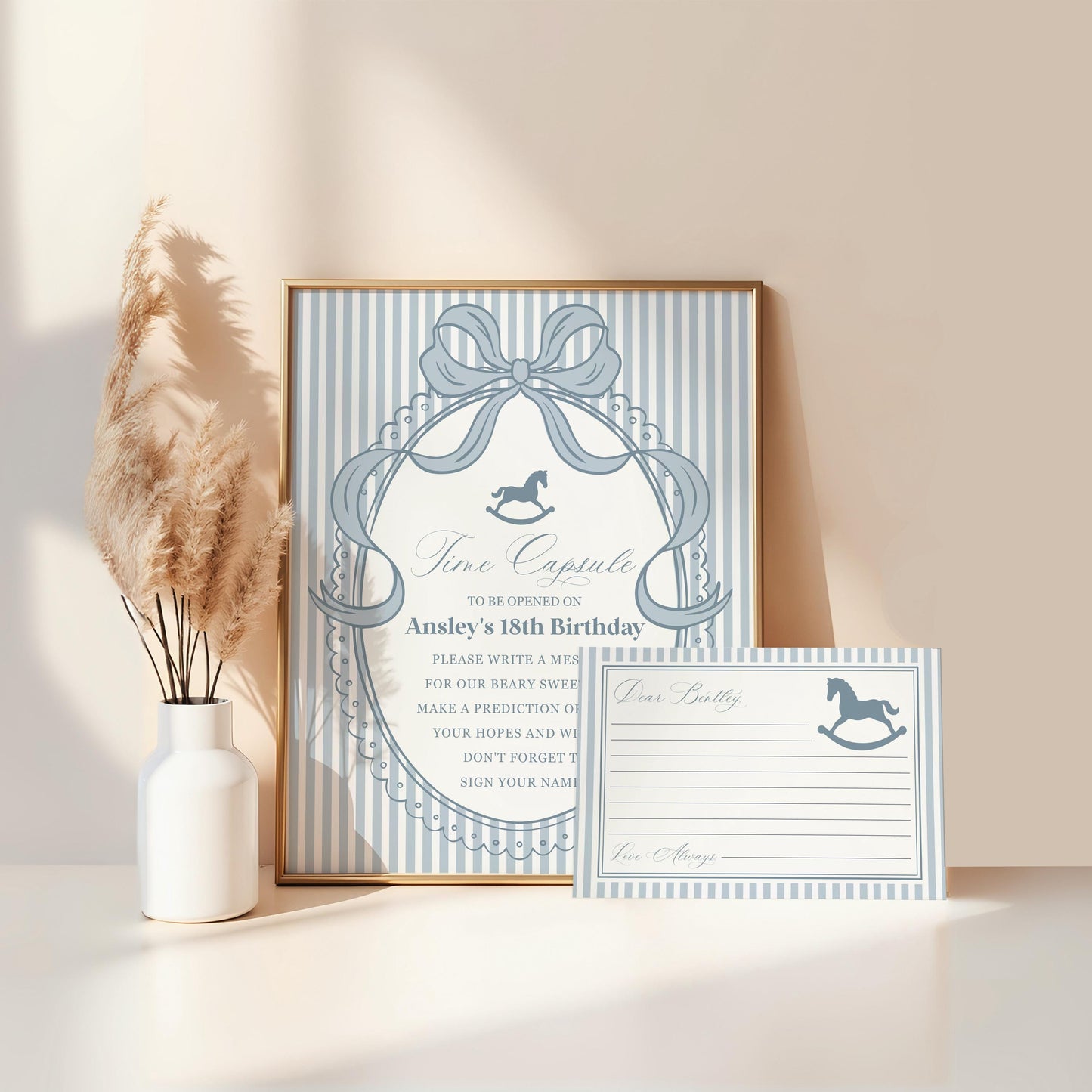 Blue Coquette Bow Rocking Horse Time Capsule Template, Preppy Striped First Birthday Party, Heirloom Inspired Timeless Bday WP1095