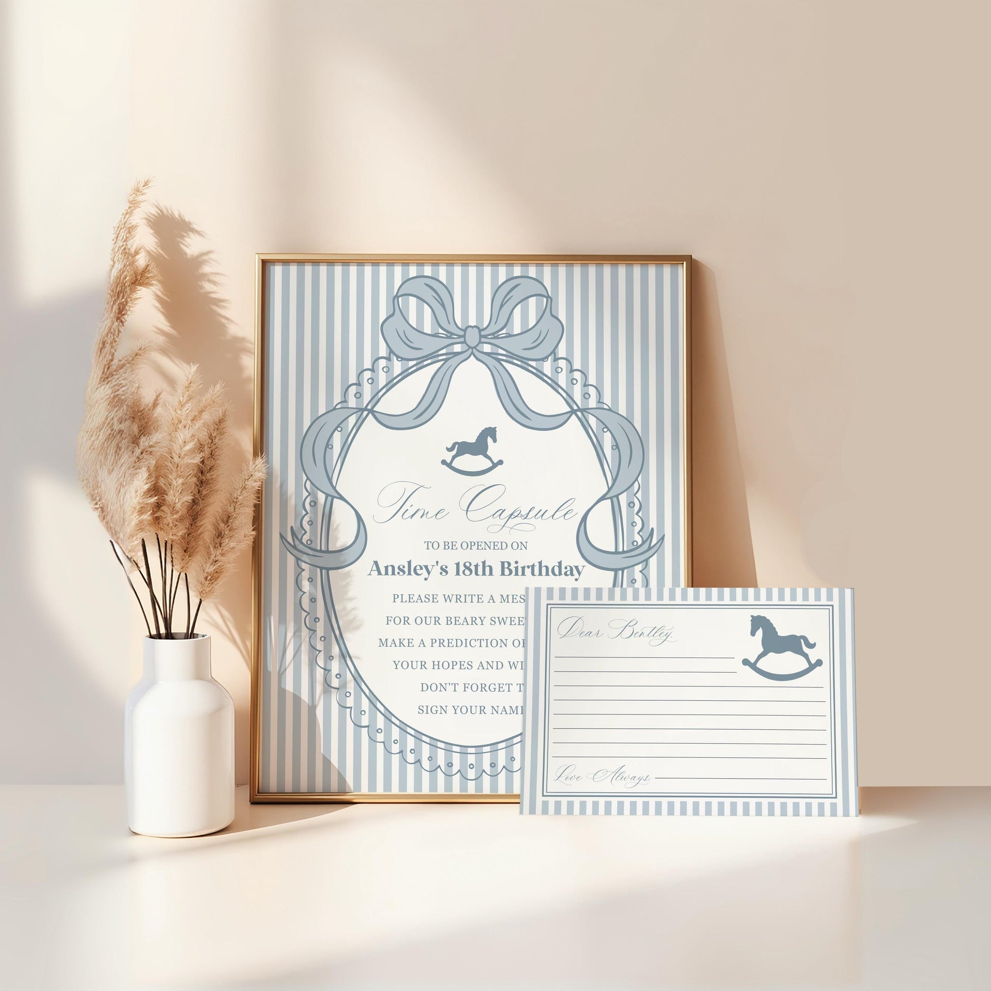Blue Coquette Bow Rocking Horse Time Capsule Template, Preppy Striped First Birthday Party, Heirloom Inspired Timeless Bday WP1095
