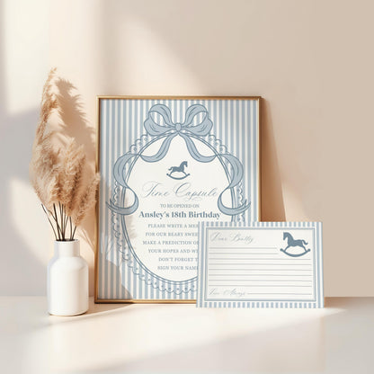 Blue Coquette Bow Rocking Horse Time Capsule Template, Preppy Striped First Birthday Party, Heirloom Inspired Timeless Bday WP1095