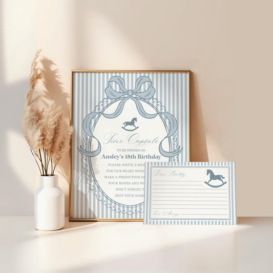 Blue Coquette Bow Rocking Horse Time Capsule Template, Preppy Striped First Birthday Party, Heirloom Inspired Timeless Bday WP1095