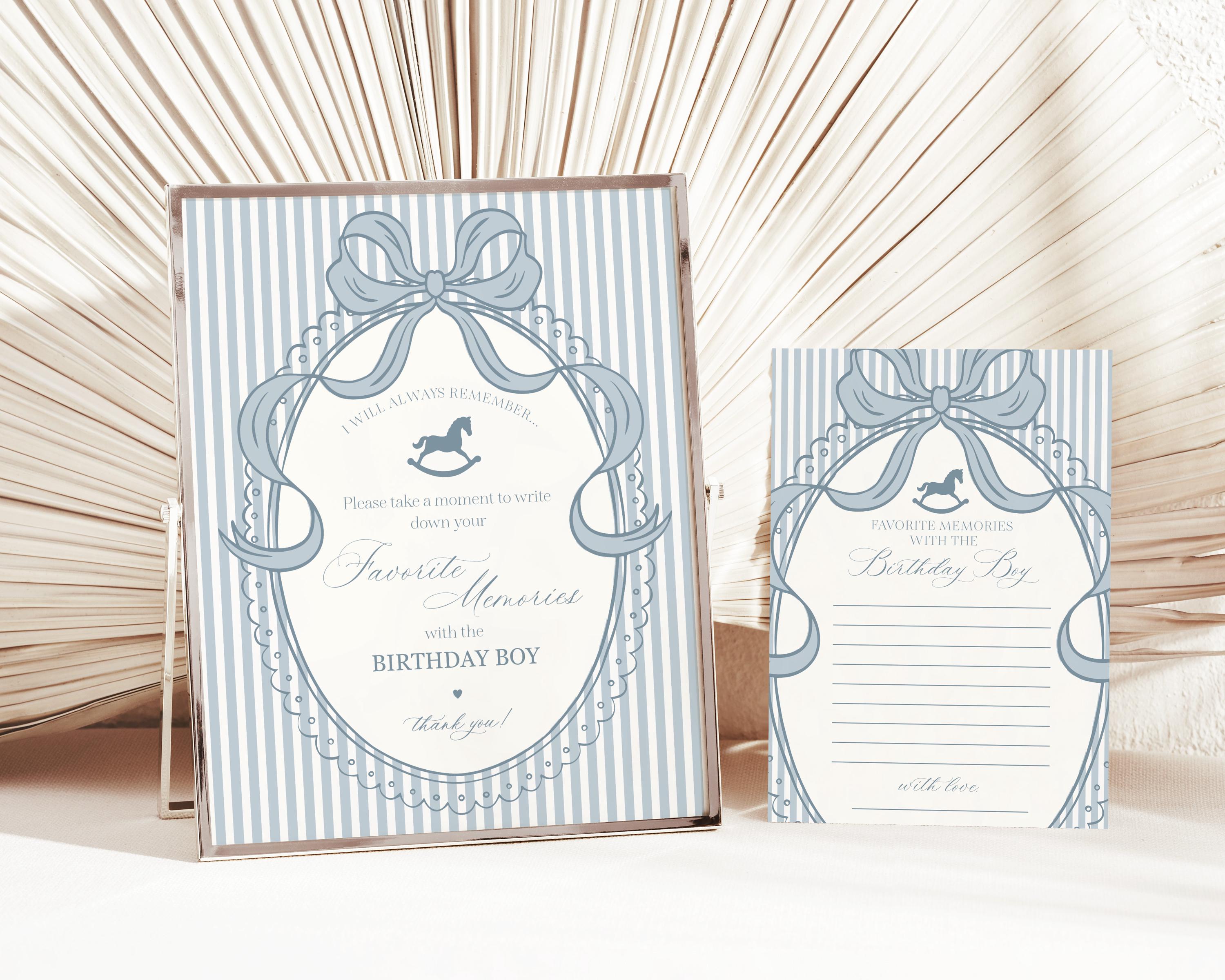 Blue Coquette Bow Rocking Horse Favorite Memories Birthday Girl Template, Preppy Striped First Birthday Party WP1095