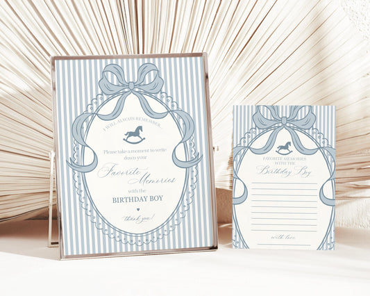 Blue Coquette Bow Rocking Horse Favorite Memories Birthday Girl Template, Preppy Striped First Birthday Party WP1095