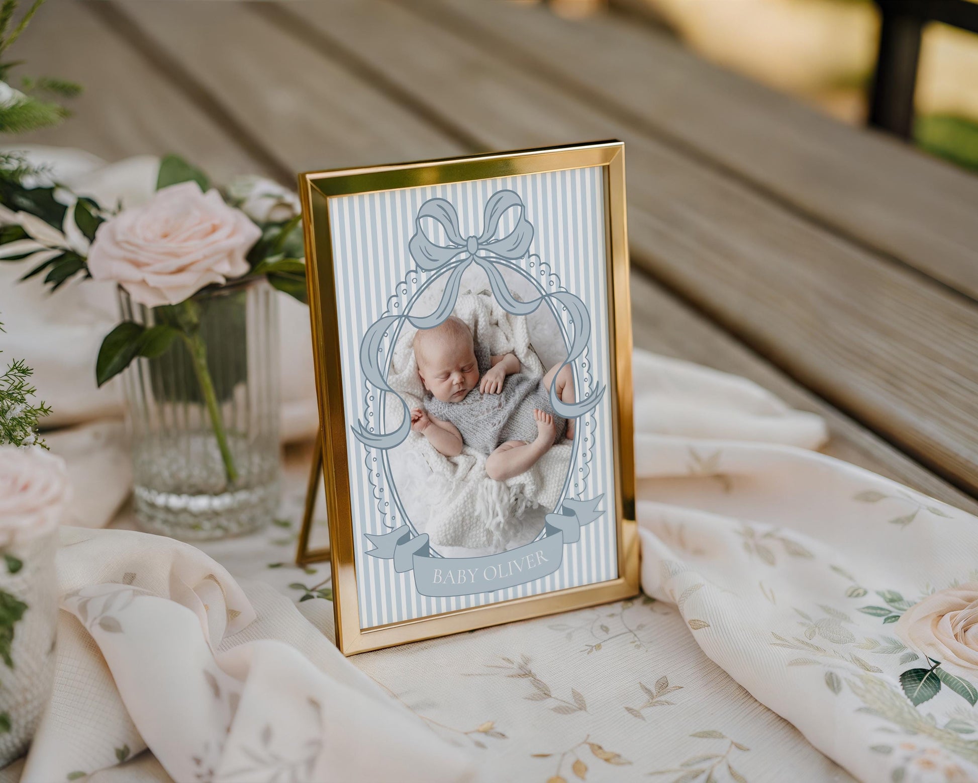 Blue Coquette Bow Rocking Horse 1st Birthday Milestone Banner Template, Preppy Striped First Birthday Party WP1095