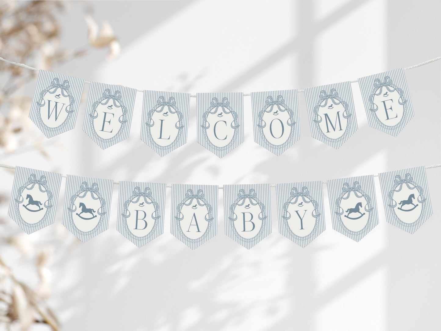 Blue Coquette Bow Rocking Horse Baby Shower Banner Template, Striped Preppy Baby Sprinkle, Heirloom Inspired Brunch with Mom to Be WP1095