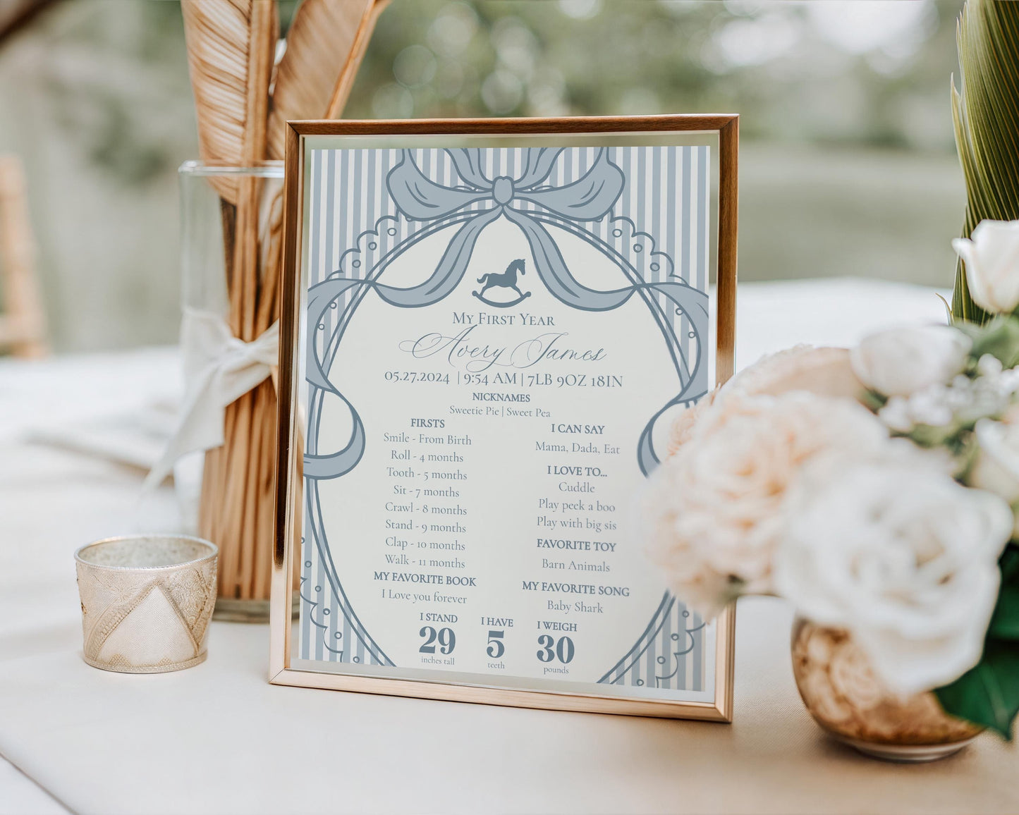 Blue Coquette Bow Rocking Horse First Year Milestone Sign Printable Template, Preppy Striped First Birthday Party WP1095