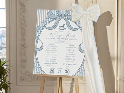 Blue Coquette Bow Rocking Horse First Year Milestone Sign Printable Template, Preppy Striped First Birthday Party WP1095