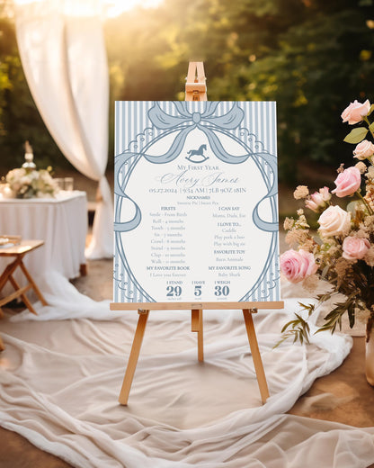 Blue Coquette Bow Rocking Horse First Year Milestone Sign Printable Template, Preppy Striped First Birthday Party WP1095
