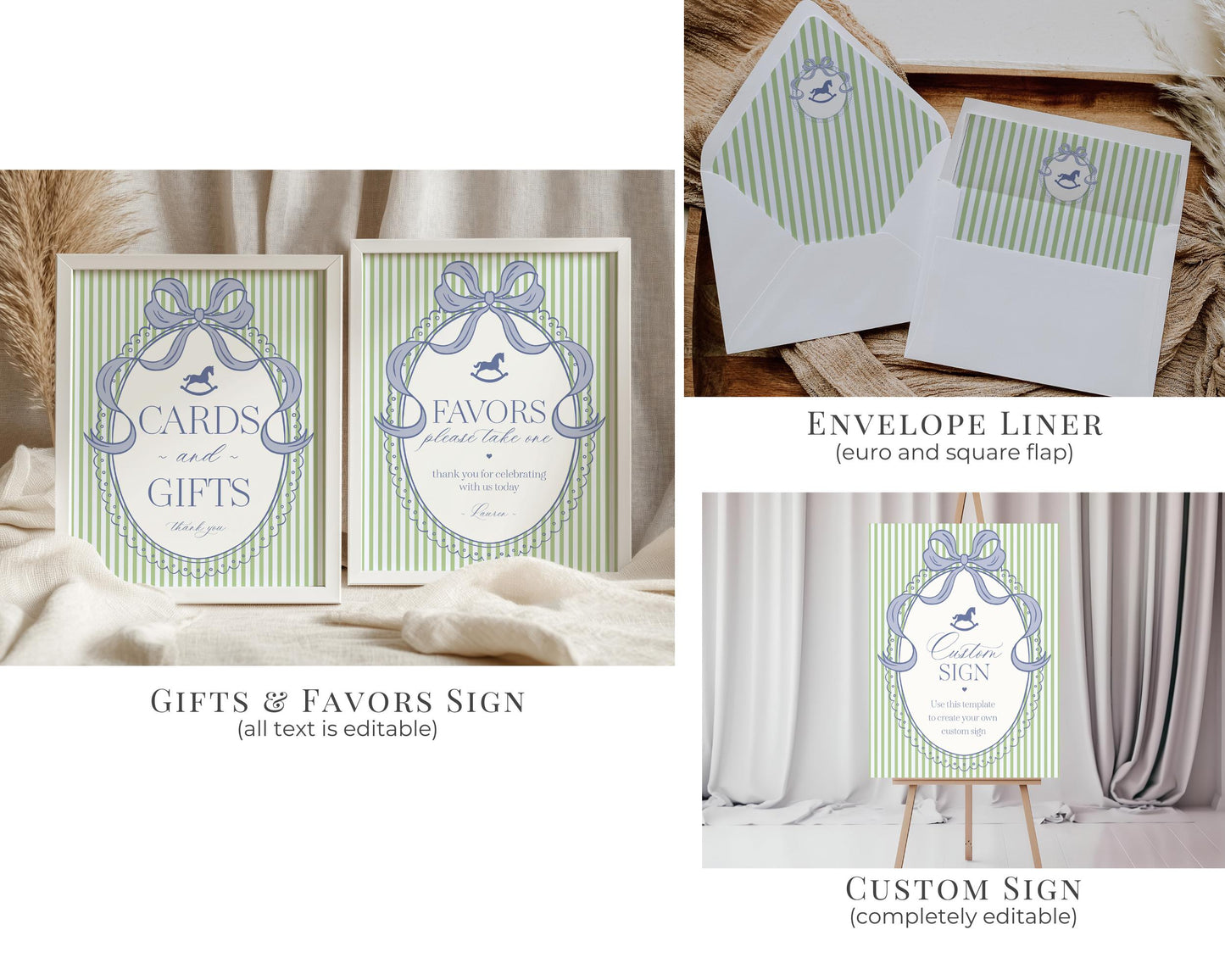 Green and Blue Coquette Bow Rocking Horse Baby Shower Bundle Printable Template, Striped Preppy Baby Sprinkle WP1096