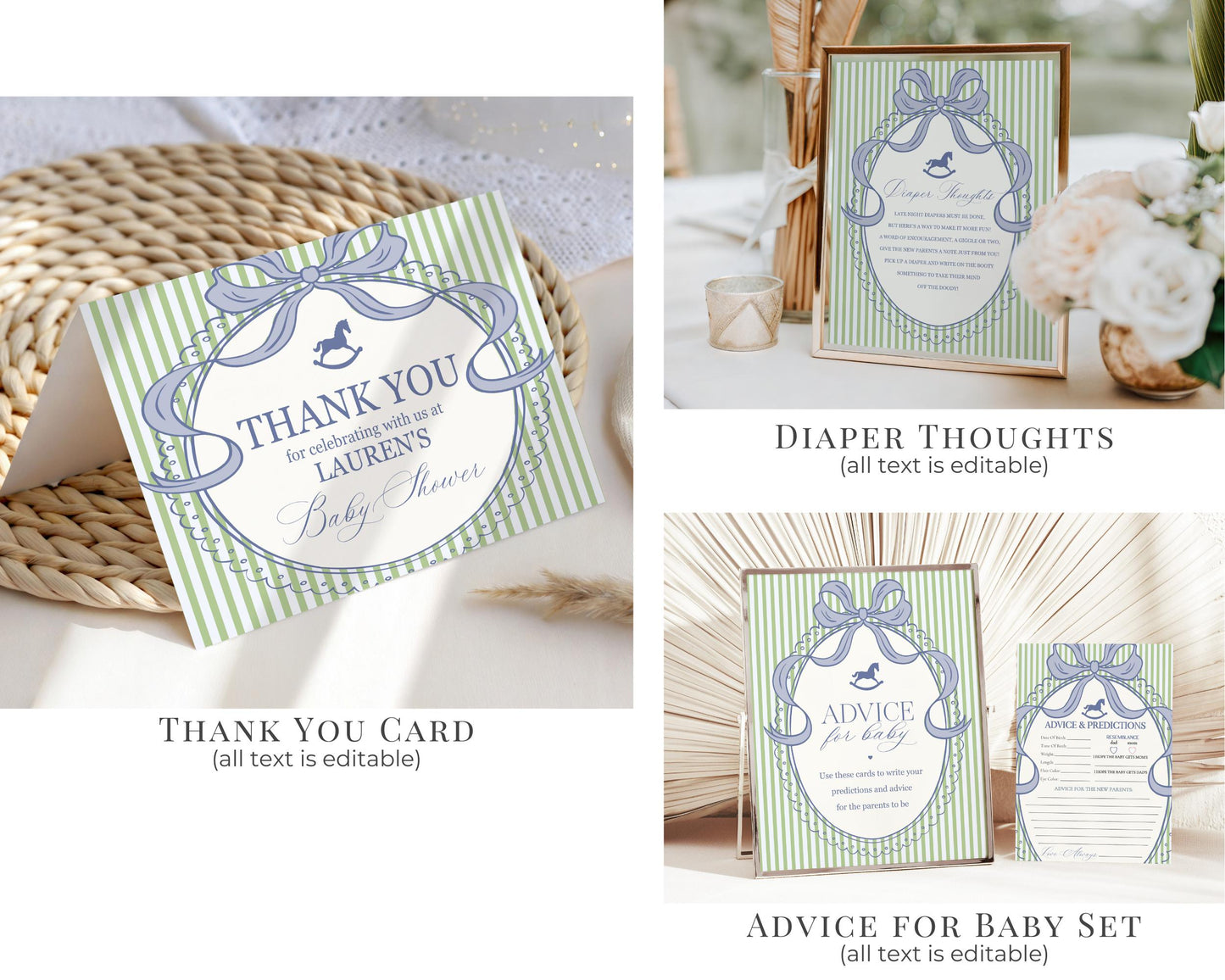 Green and Blue Coquette Bow Rocking Horse Baby Shower Bundle Printable Template, Striped Preppy Baby Sprinkle WP1096