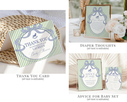 Green and Blue Coquette Bow Rocking Horse Baby Shower Bundle Printable Template, Striped Preppy Baby Sprinkle WP1096