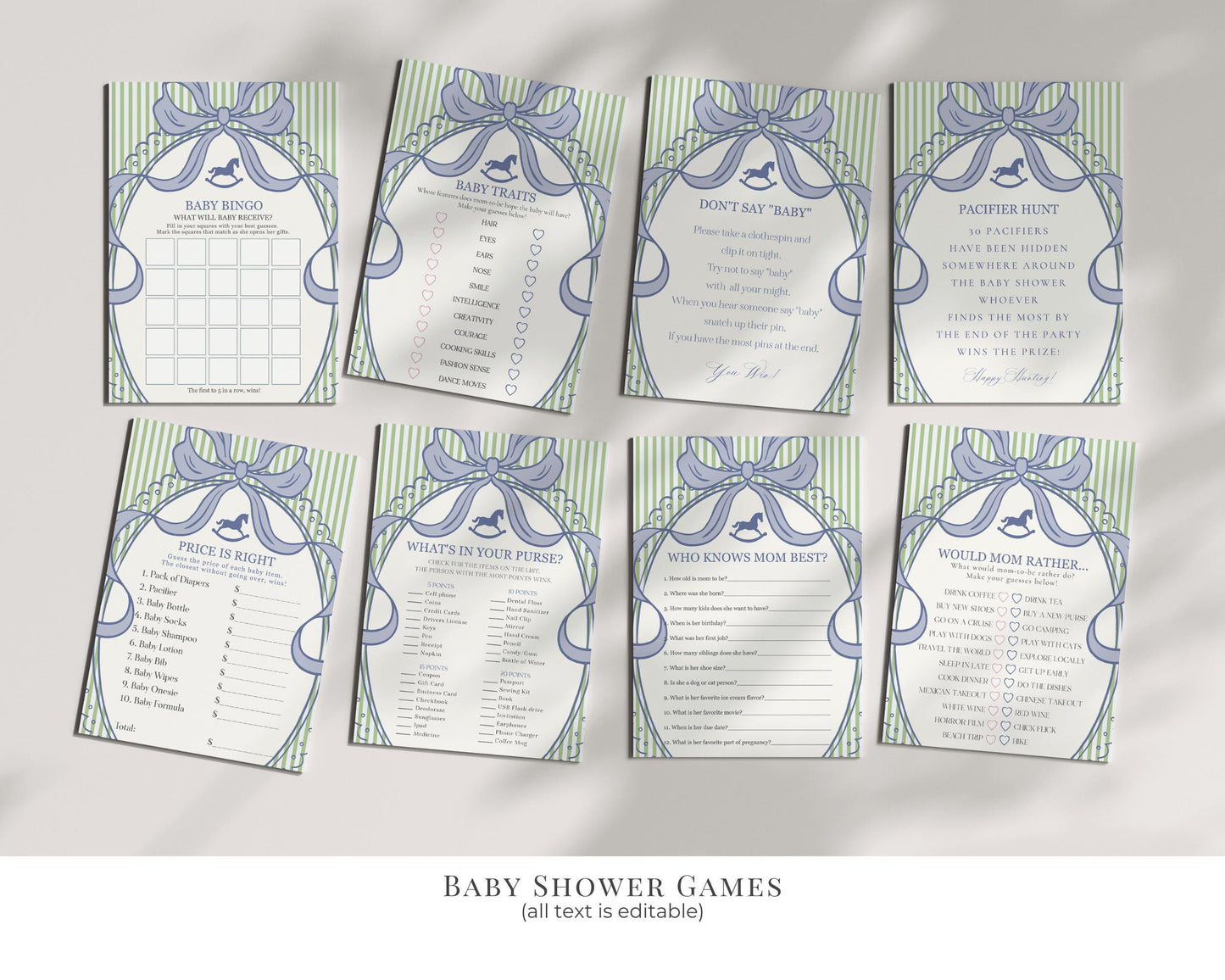 Green and Blue Coquette Bow Rocking Horse Baby Shower Bundle Printable Template, Striped Preppy Baby Sprinkle WP1096