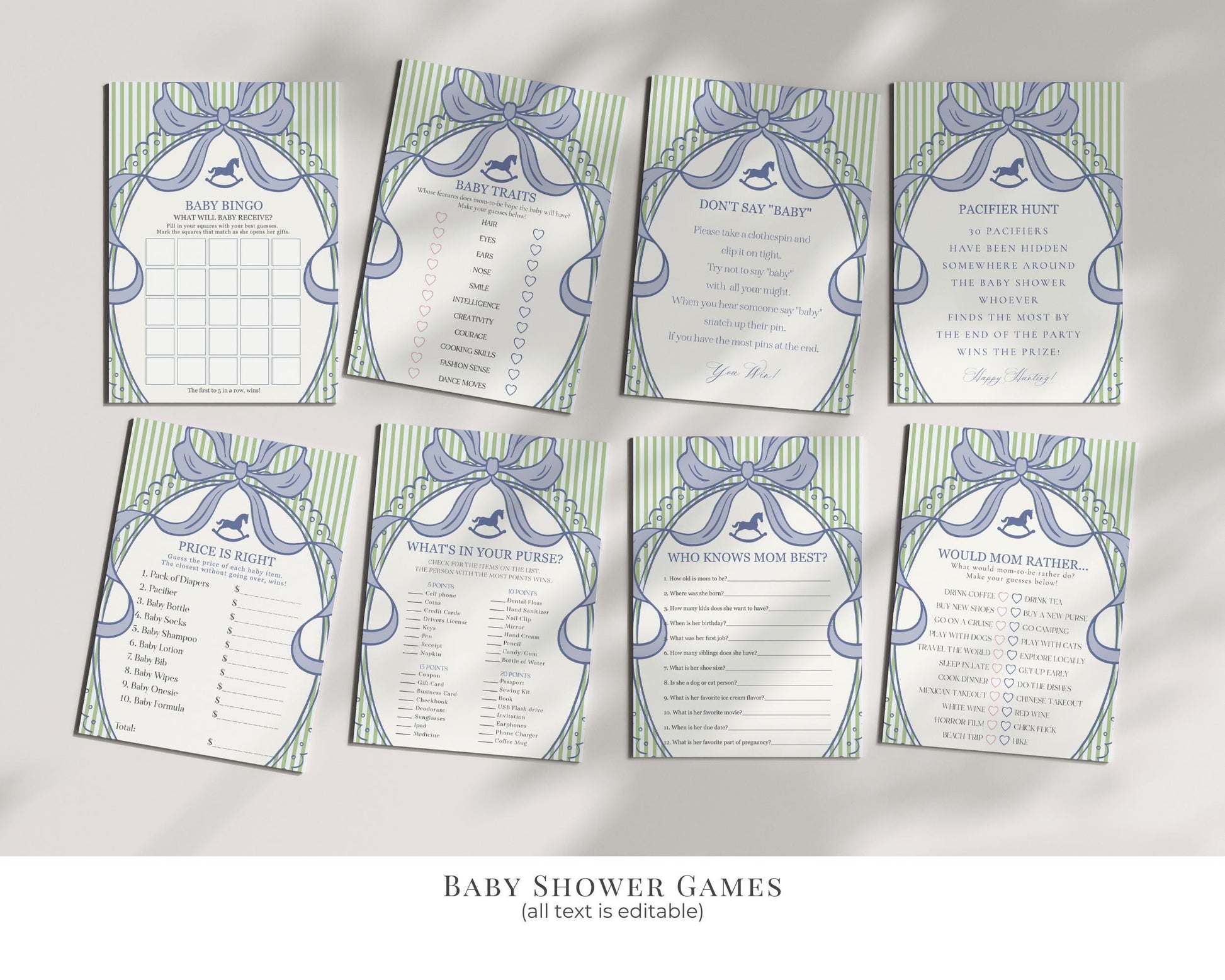 Green and Blue Coquette Bow Rocking Horse Baby Shower Bundle Printable Template, Striped Preppy Baby Sprinkle WP1096