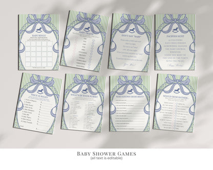 Green and Blue Coquette Bow Rocking Horse Baby Shower Bundle Printable Template, Striped Preppy Baby Sprinkle WP1096