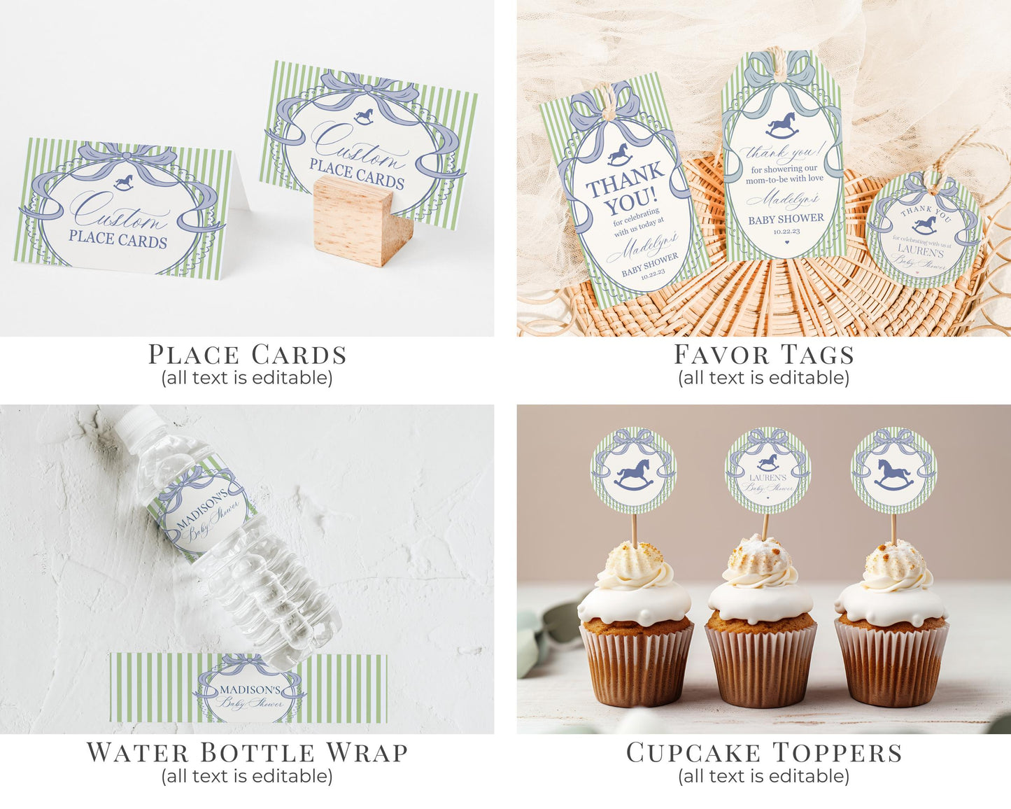 Green and Blue Coquette Bow Rocking Horse Baby Shower Bundle Printable Template, Striped Preppy Baby Sprinkle WP1096