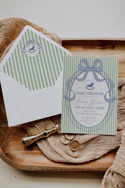 Green and Blue Coquette Bow Rocking Horse Baby Shower Bundle Printable Template, Striped Preppy Baby Sprinkle WP1096