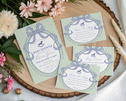 Green and Blue Coquette Bow Rocking Horse Baby Shower Bundle Printable Template, Striped Preppy Baby Sprinkle WP1096