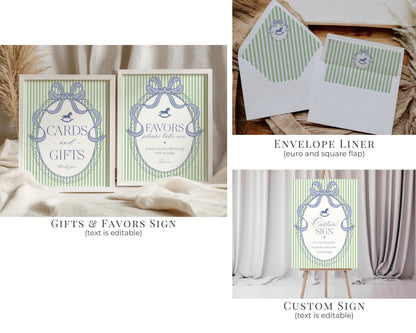 Green and Blue Coquette Bow Rocking Horse Birthday Bundle Printable Template, Preppy Striped Birthday Party WP1096