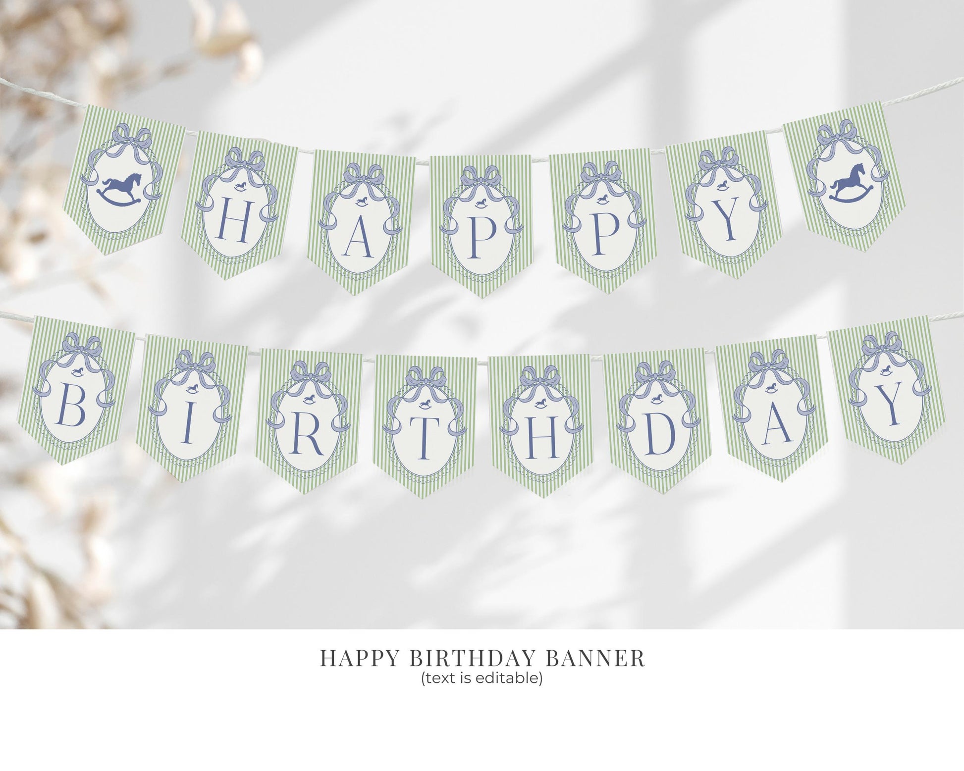 Green and Blue Coquette Bow Rocking Horse Birthday Bundle Printable Template, Preppy Striped Birthday Party WP1096