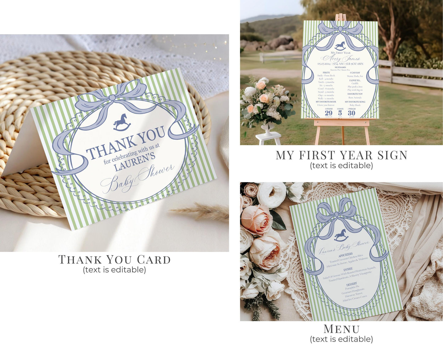 Green and Blue Coquette Bow Rocking Horse Birthday Bundle Printable Template, Preppy Striped Birthday Party WP1096