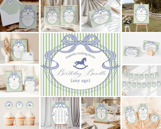 Green and Blue Coquette Bow Rocking Horse Birthday Bundle Printable Template, Preppy Striped Birthday Party WP1096