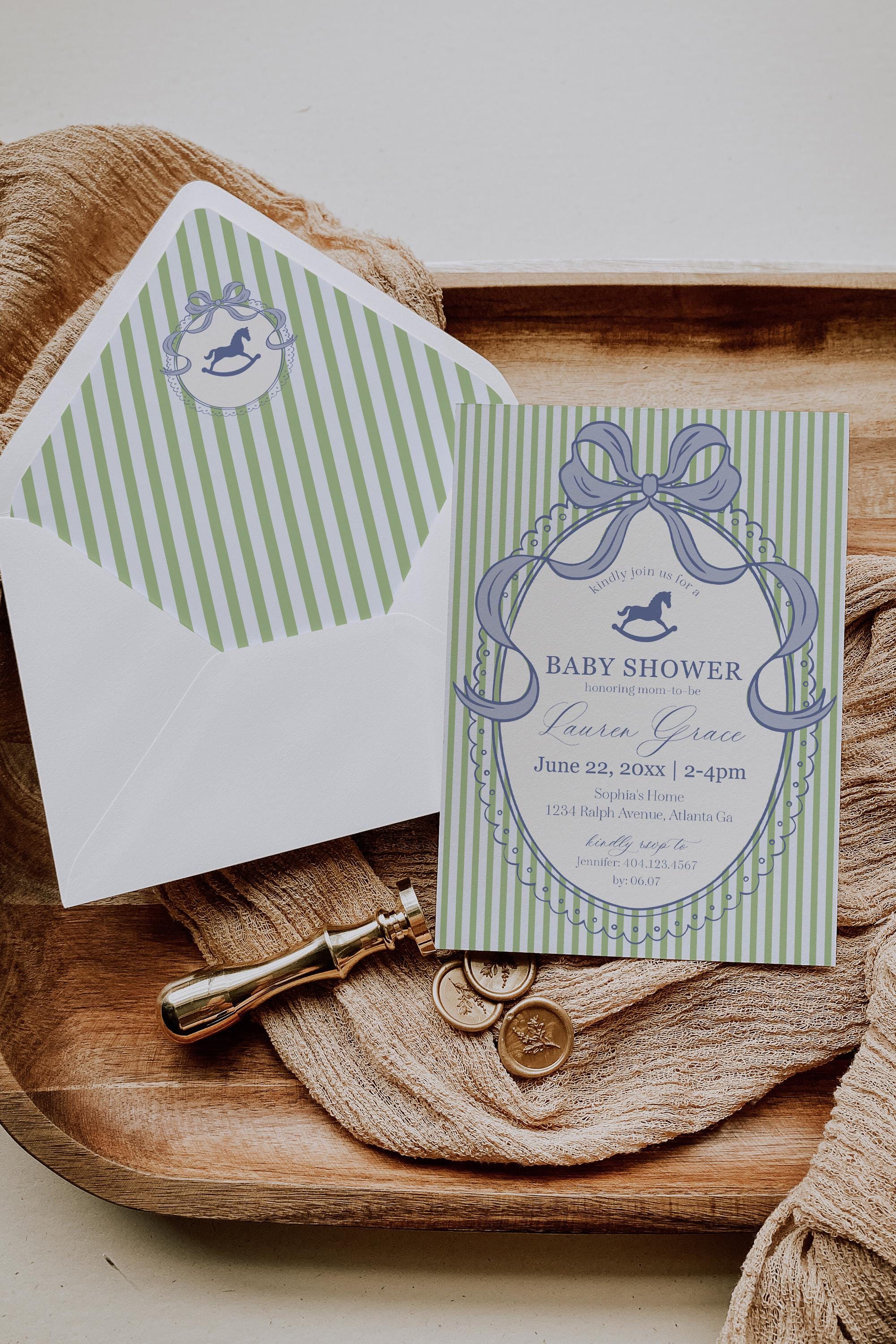 Green and Blue Coquette Bow Rocking Horse Baby Shower Invitation Printable Template, Striped Preppy Baby Sprinkle WP1096