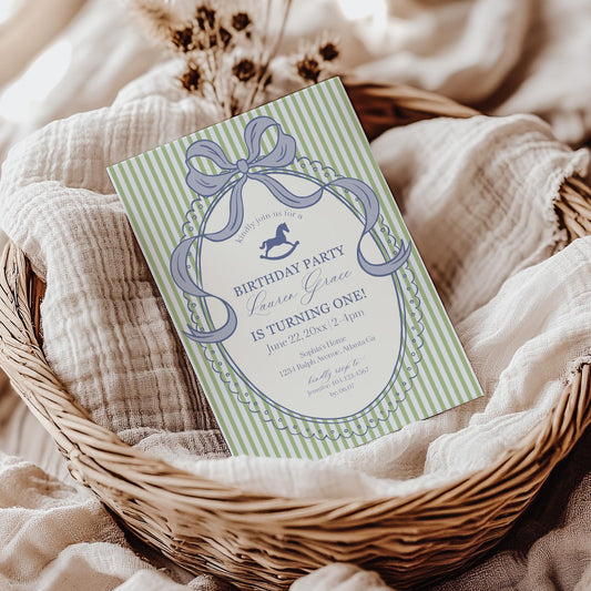 Green and Blue Coquette Bow Rocking Horse Birthday Invitation Printable Template, Preppy Striped First Birthday Party WP1096