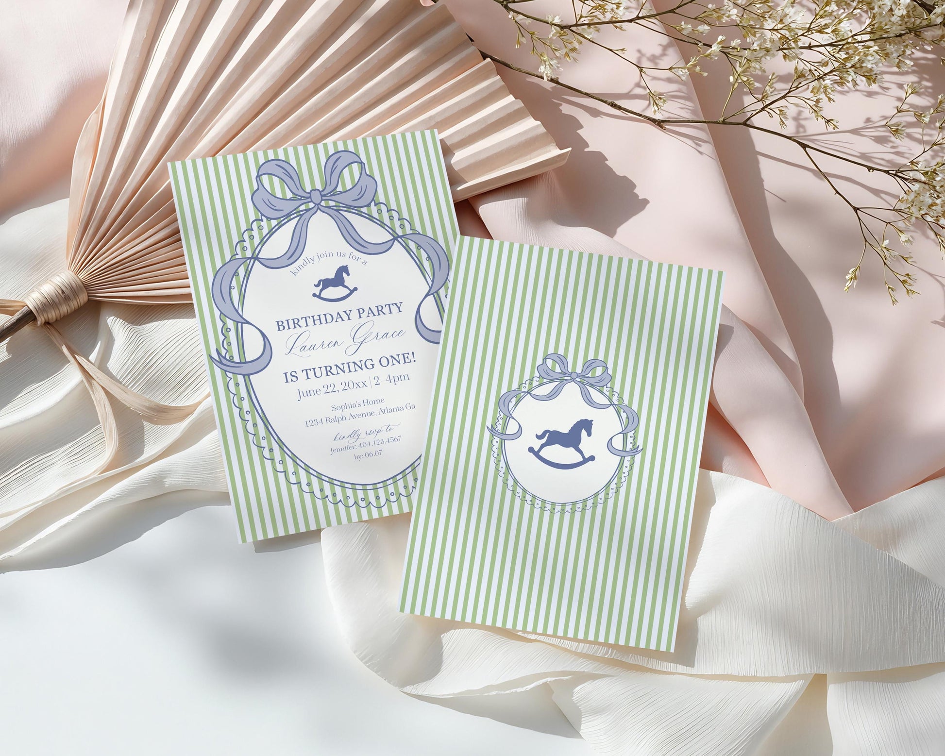 Green and Blue Coquette Bow Rocking Horse Birthday Invitation Printable Template, Preppy Striped First Birthday Party WP1096