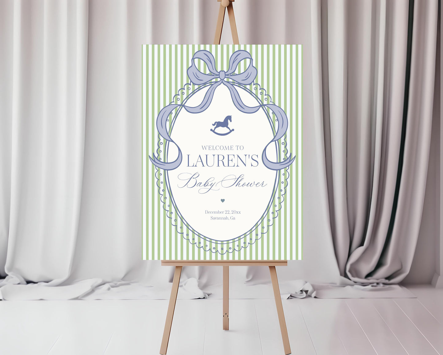 Green and Blue Coquette Bow Rocking Horse Baby Shower Welcome Sign Template, Striped Preppy Baby Sprinkle WP1096