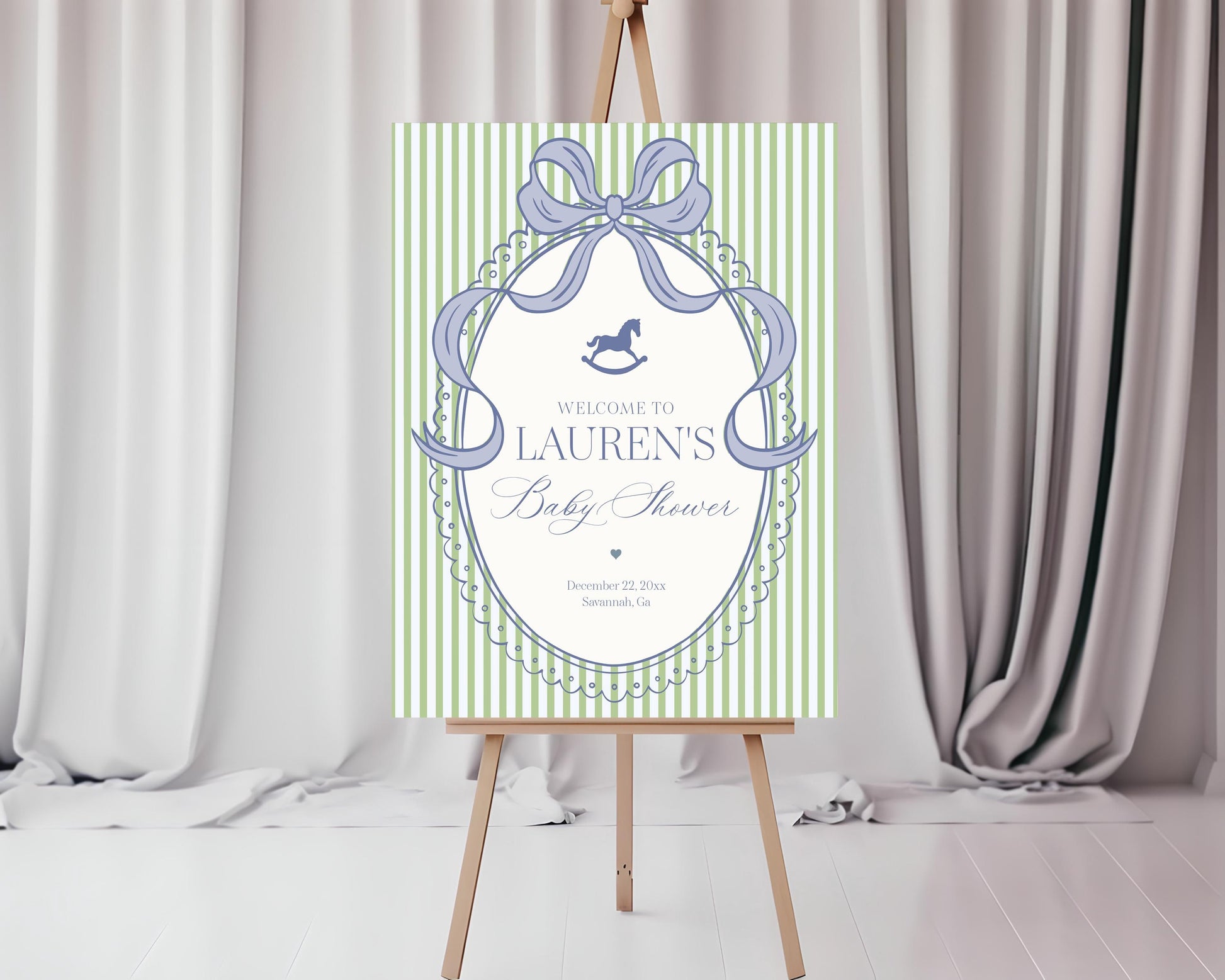 Green and Blue Coquette Bow Rocking Horse Baby Shower Welcome Sign Template, Striped Preppy Baby Sprinkle WP1096