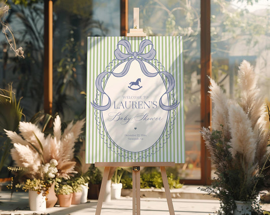 Green and Blue Coquette Bow Rocking Horse Baby Shower Welcome Sign Template, Striped Preppy Baby Sprinkle WP1096