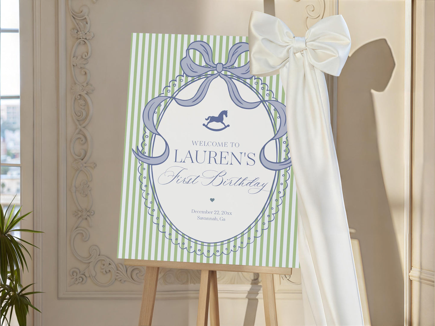 Green and Blue Coquette Bow Rocking Horse Birthday Party Welcome Sign Template, Preppy Bday Party WP1096
