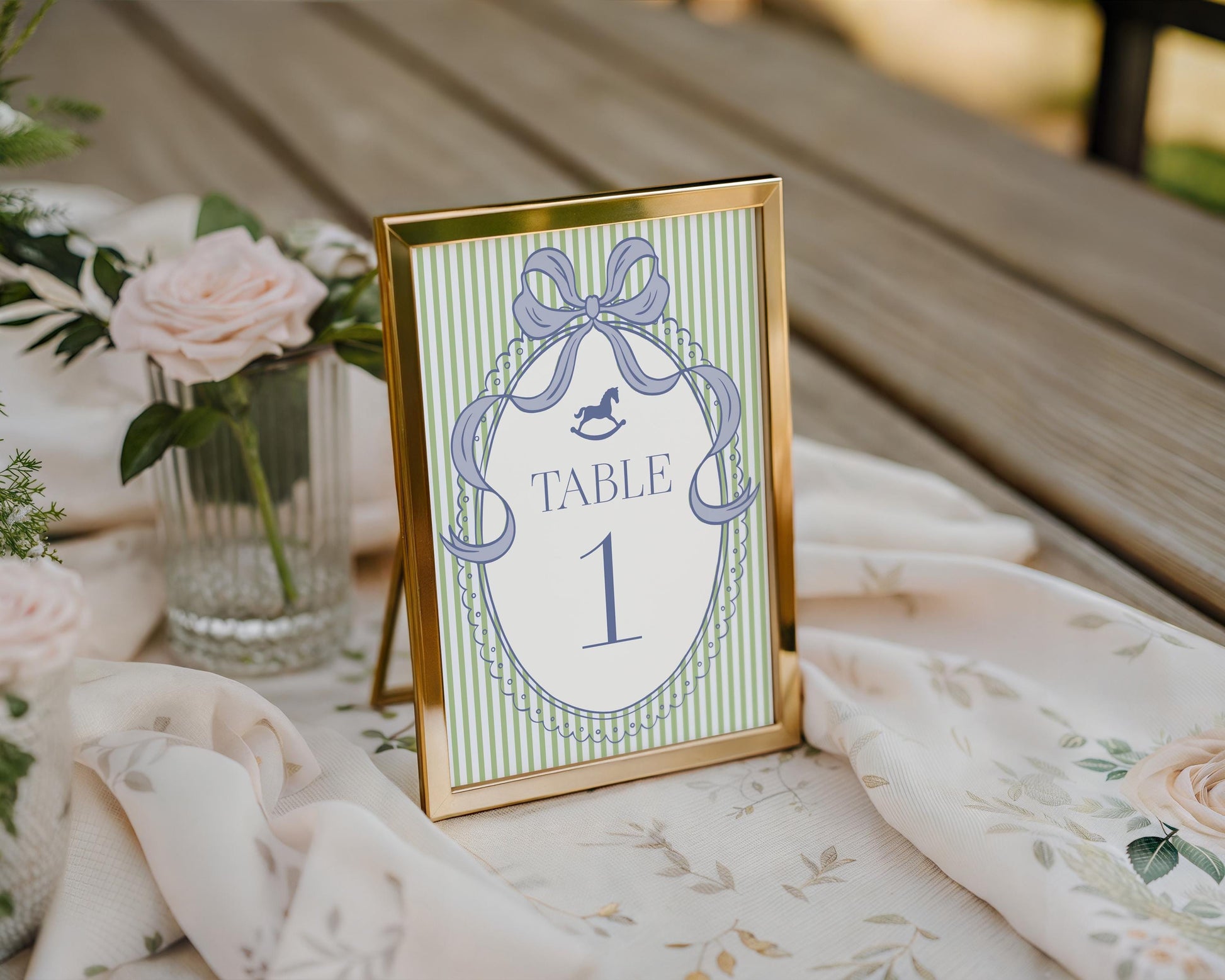 Green and Blue Coquette Bow Rocking Horse Table Number Cards Template, Striped Preppy Baby Shower, Classic First Birthday Party WP1096