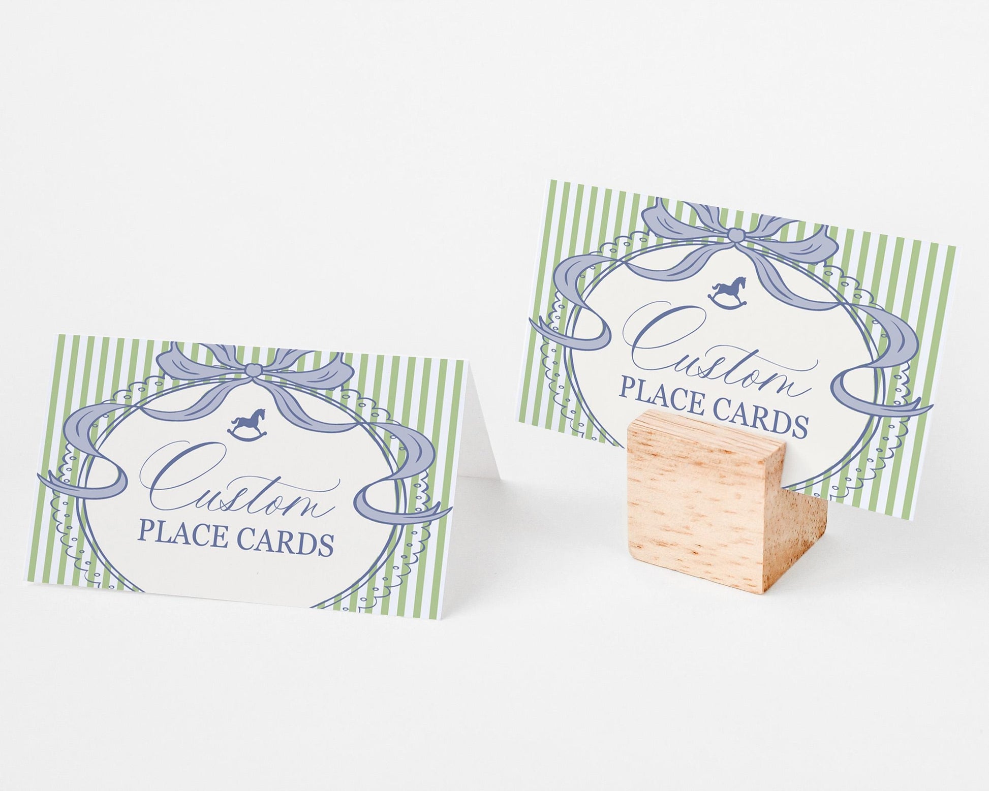 Green and Blue Coquette Bow Rocking Horse Place Cards Template, Striped Preppy Baby Shower, Classic First Birthday Party WP1096