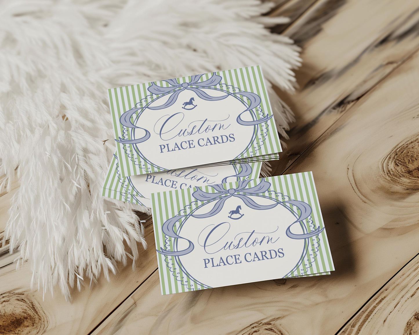 Green and Blue Coquette Bow Rocking Horse Place Cards Template, Striped Preppy Baby Shower, Classic First Birthday Party WP1096