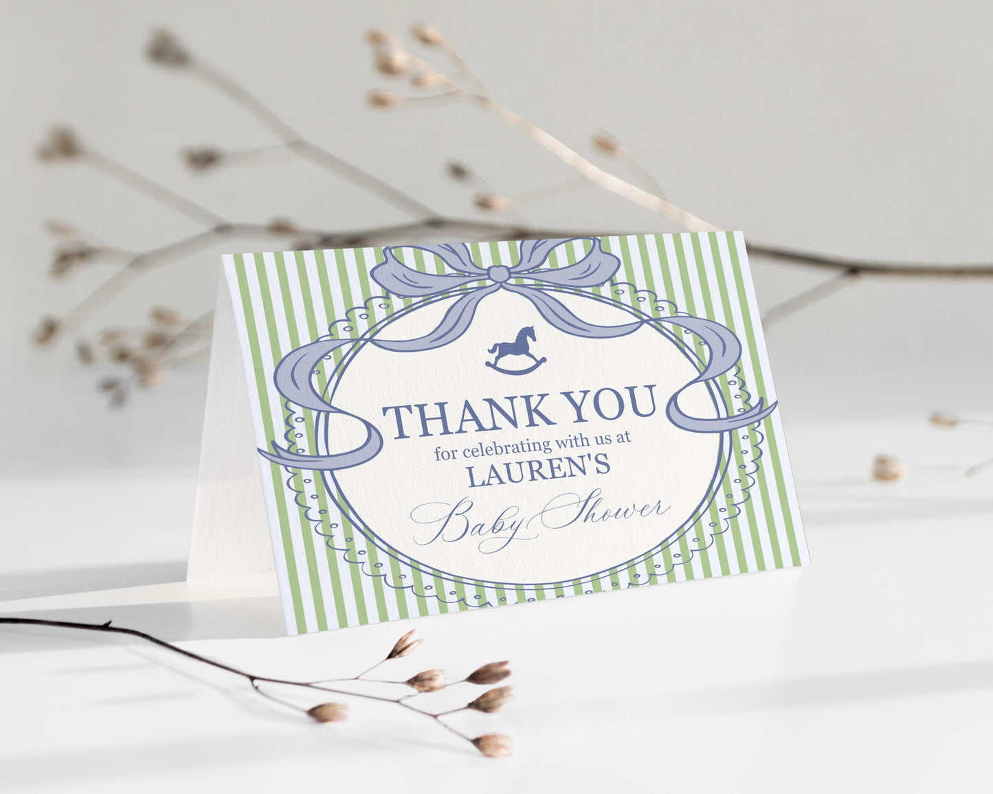 Green and Blue Coquette Bow Rocking Horse Thank You Card Template, Striped Preppy Baby Shower, Classic First Birthday Party WP1096