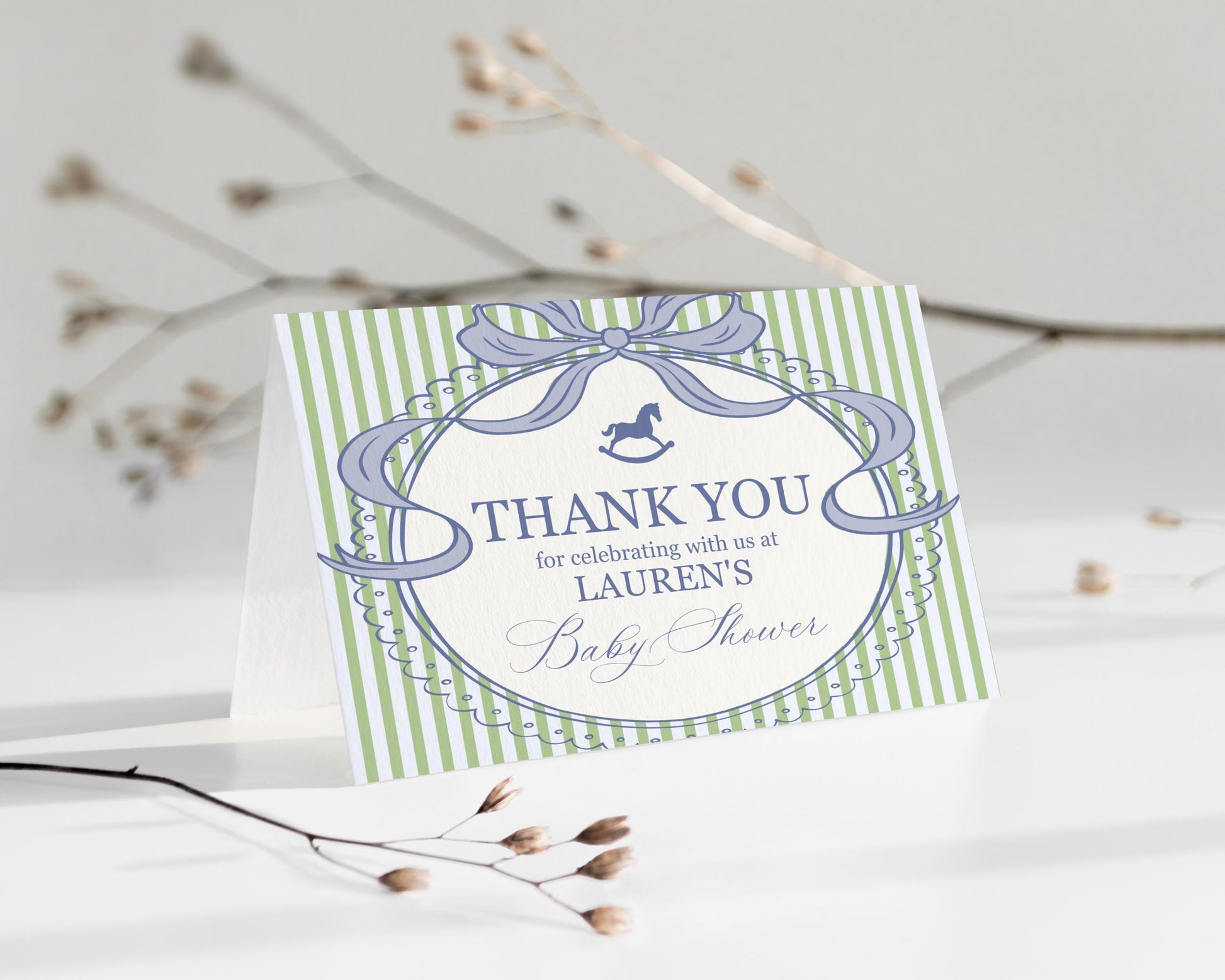 Green and Blue Coquette Bow Rocking Horse Thank You Card Template, Striped Preppy Baby Shower, Classic First Birthday Party WP1096