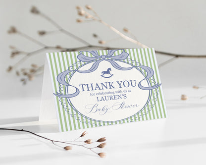 Green and Blue Coquette Bow Rocking Horse Thank You Card Template, Striped Preppy Baby Shower, Classic First Birthday Party WP1096
