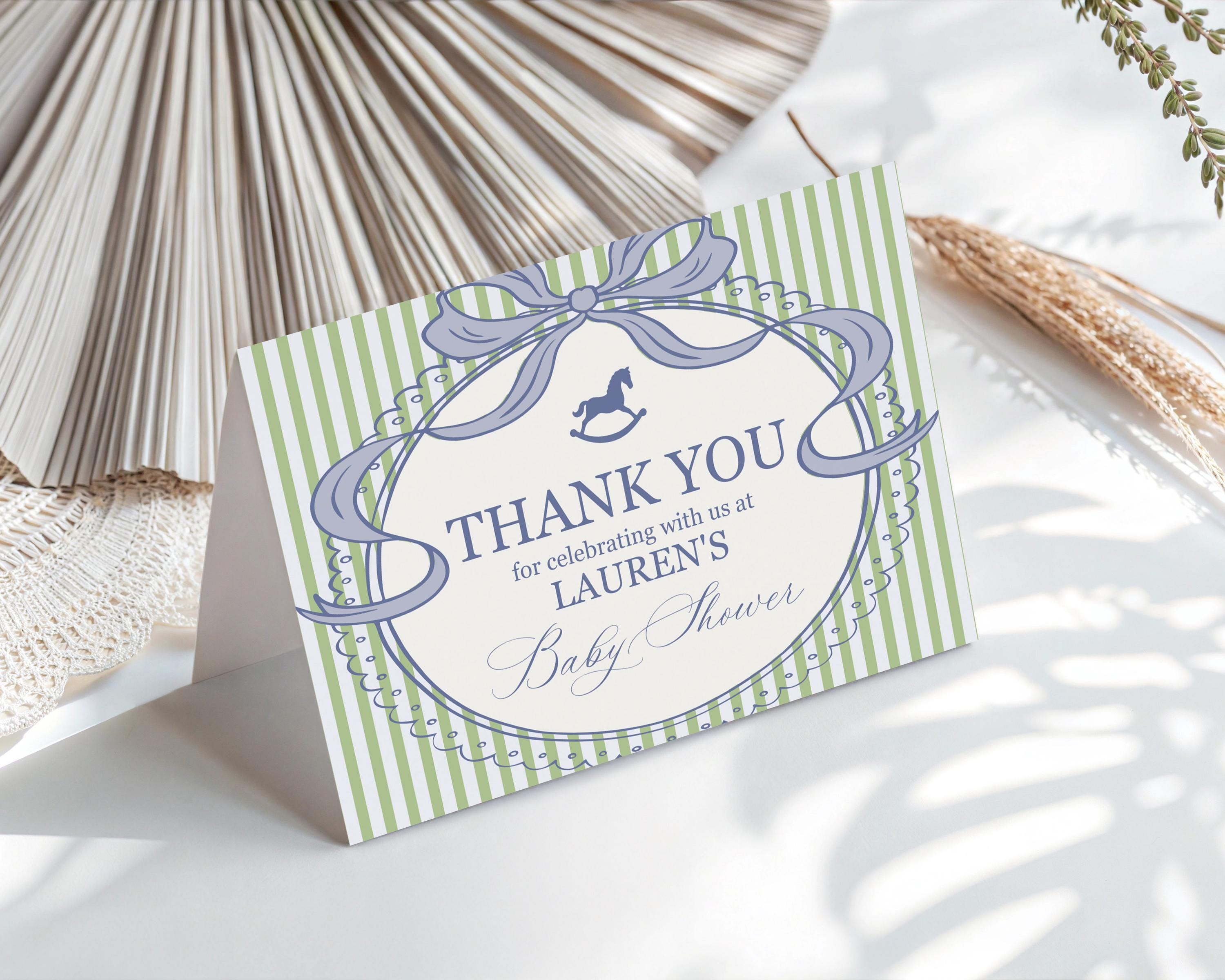 Green and Blue Coquette Bow Rocking Horse Thank You Card Template, Striped Preppy Baby Shower, Classic First Birthday Party WP1096