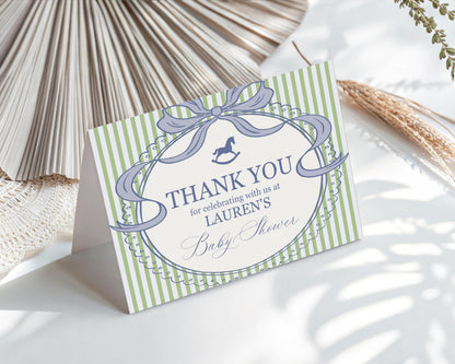 Green and Blue Coquette Bow Rocking Horse Thank You Card Template, Striped Preppy Baby Shower, Classic First Birthday Party WP1096