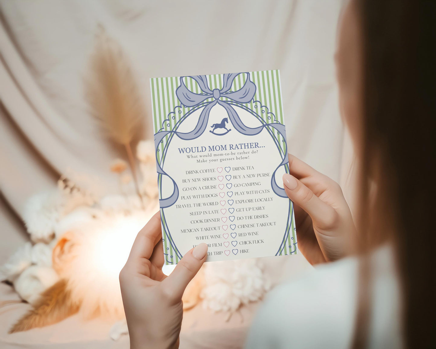 Green and Blue Coquette Bow Rocking Horse Baby Shower Games Template, Striped Preppy Baby Sprinkle WP1096