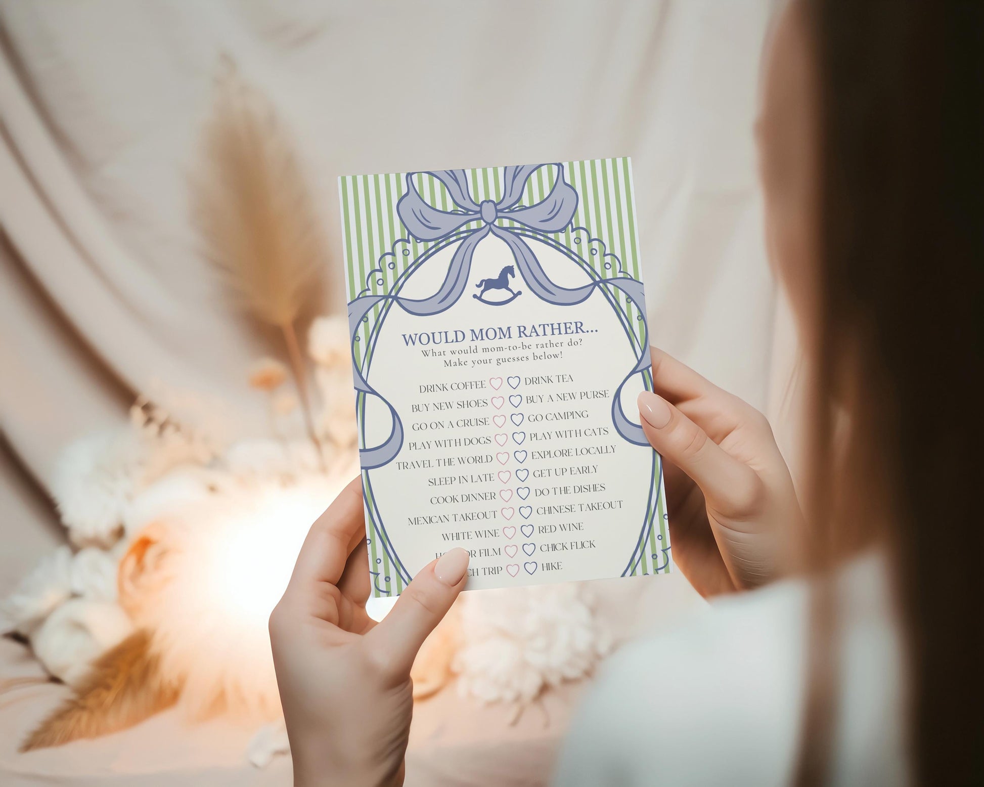 Green and Blue Coquette Bow Rocking Horse Baby Shower Games Template, Striped Preppy Baby Sprinkle WP1096