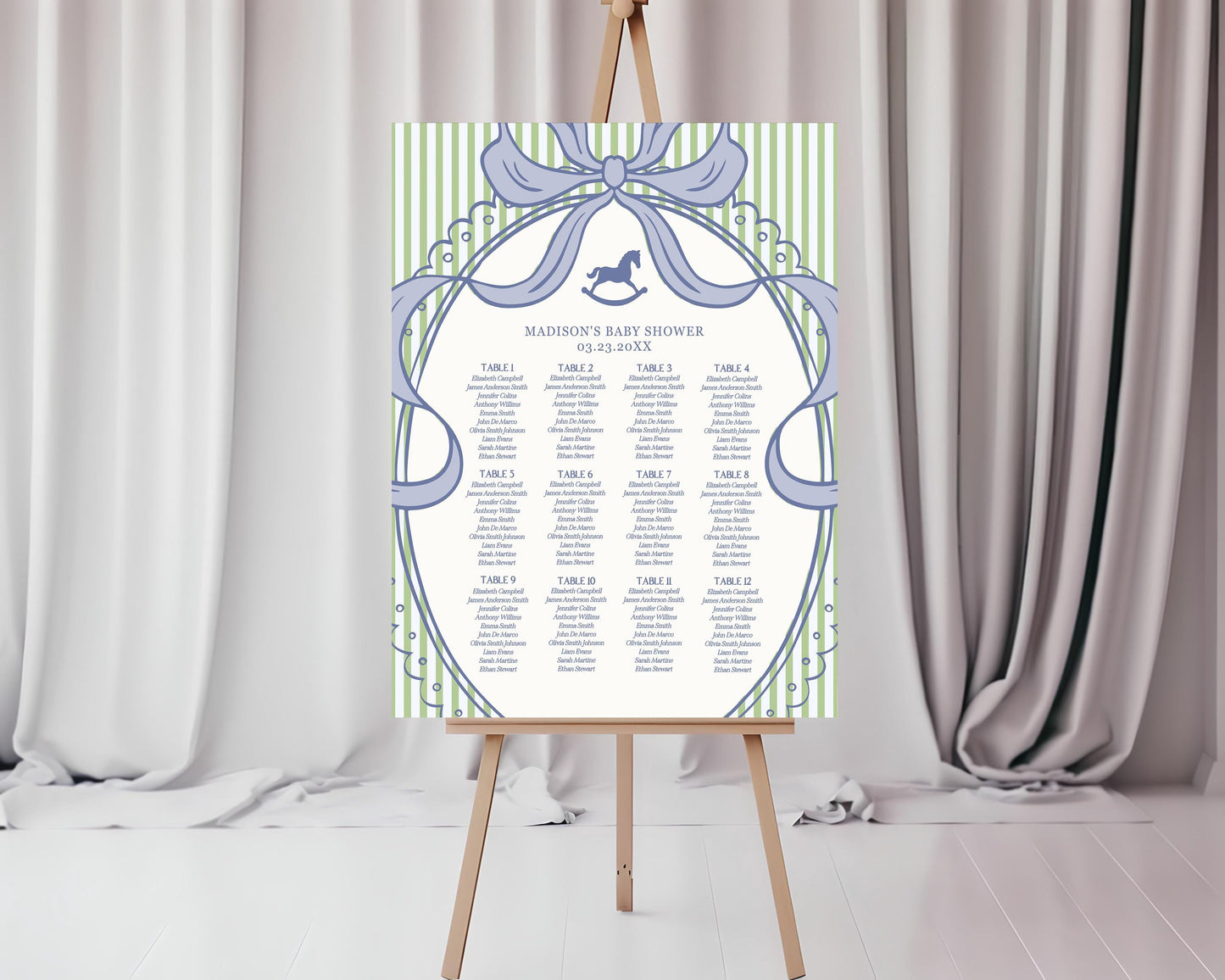 Green and Blue Coquette Bow Rocking Horse Seating Chart Poster Template, Striped Preppy Baby Shower, Classic First Birthday Party WP1096